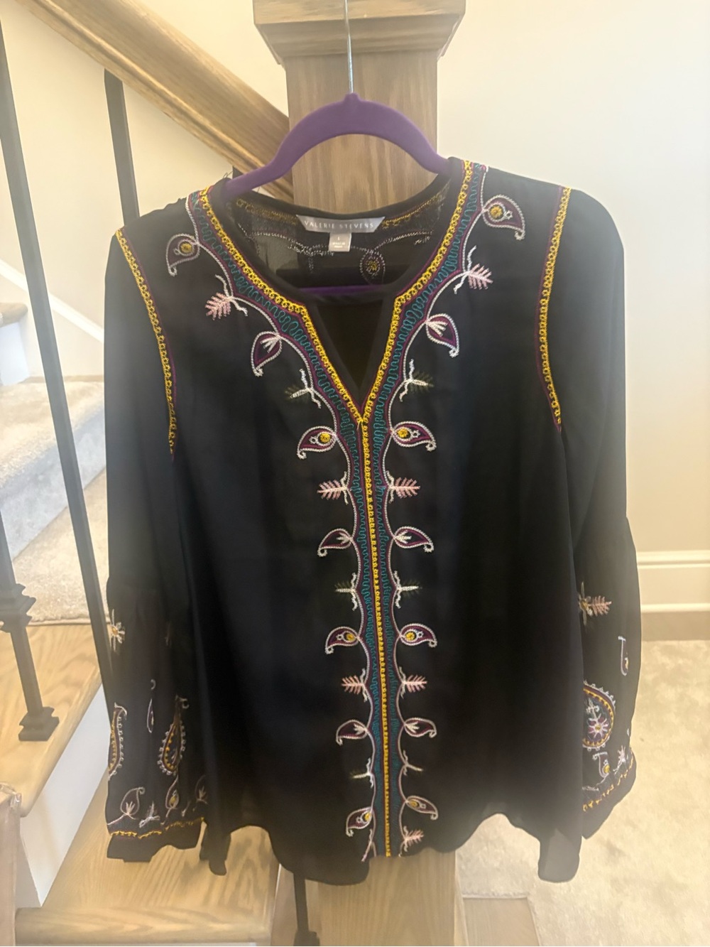 Valerie Stevens Black Embroidered V-Notch Boho Blouse